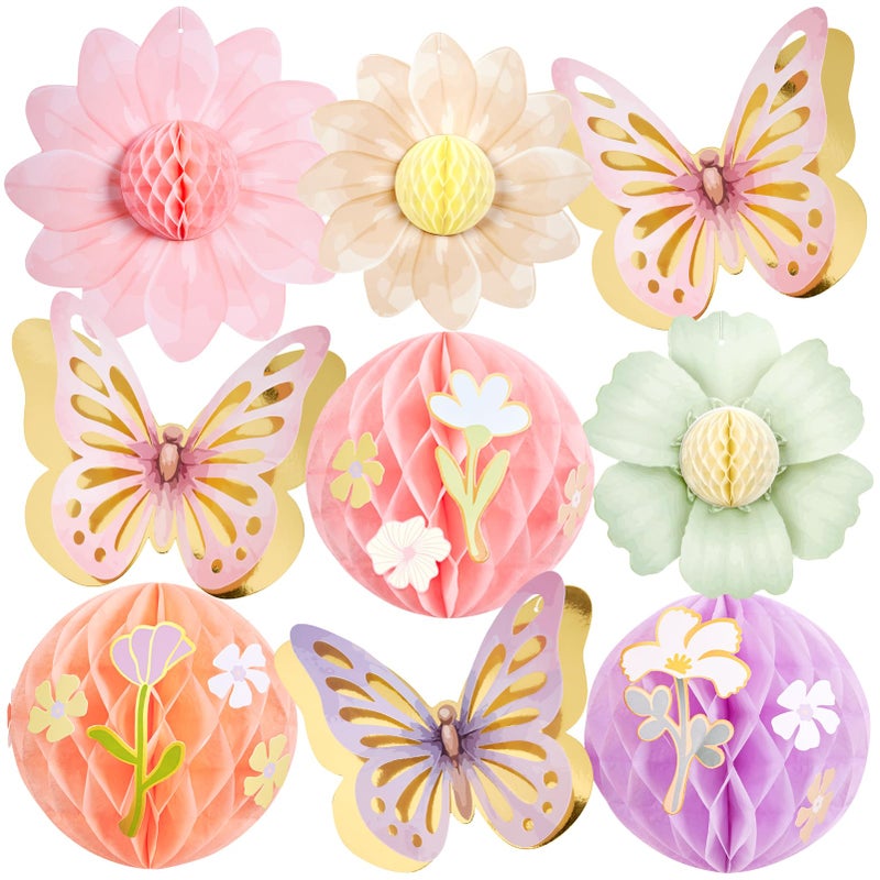 SUNBEAUTY 9Pcs Pastel Flower Butterfly Decorations Paper Flowers Honeycomb Wildflower Hanging Birthday Decoration for Women Spring Garden Tea Party Floral Baby Shower Fairy Party - Image 1