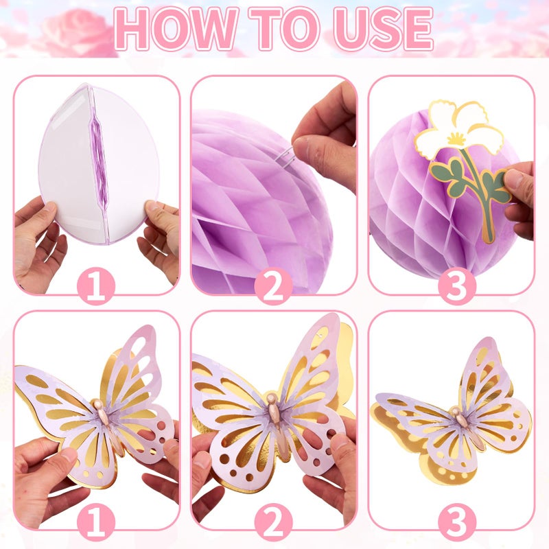 SUNBEAUTY 9Pcs Pastel Flower Butterfly Decorations Paper Flowers Honeycomb Wildflower Hanging Birthday Decoration for Women Spring Garden Tea Party Floral Baby Shower Fairy Party - Image 4