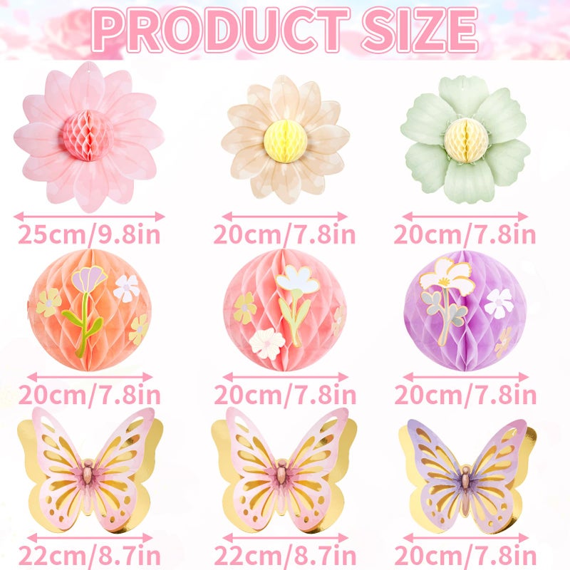 SUNBEAUTY 9Pcs Pastel Flower Butterfly Decorations Paper Flowers Honeycomb Wildflower Hanging Birthday Decoration for Women Spring Garden Tea Party Floral Baby Shower Fairy Party - Image 3