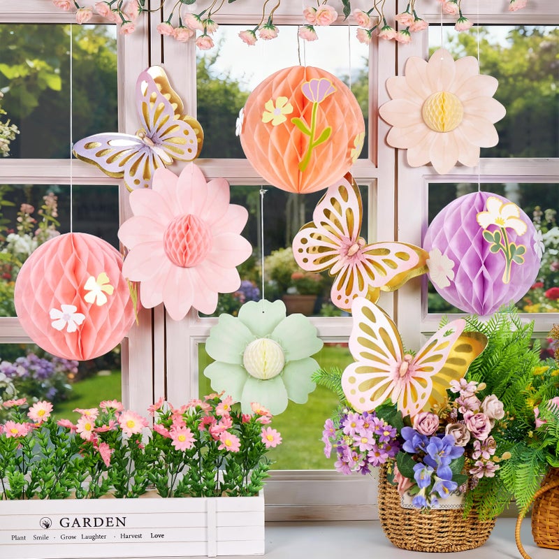 SUNBEAUTY 9Pcs Pastel Flower Butterfly Decorations Paper Flowers Honeycomb Wildflower Hanging Birthday Decoration for Women Spring Garden Tea Party Floral Baby Shower Fairy Party - Image 2