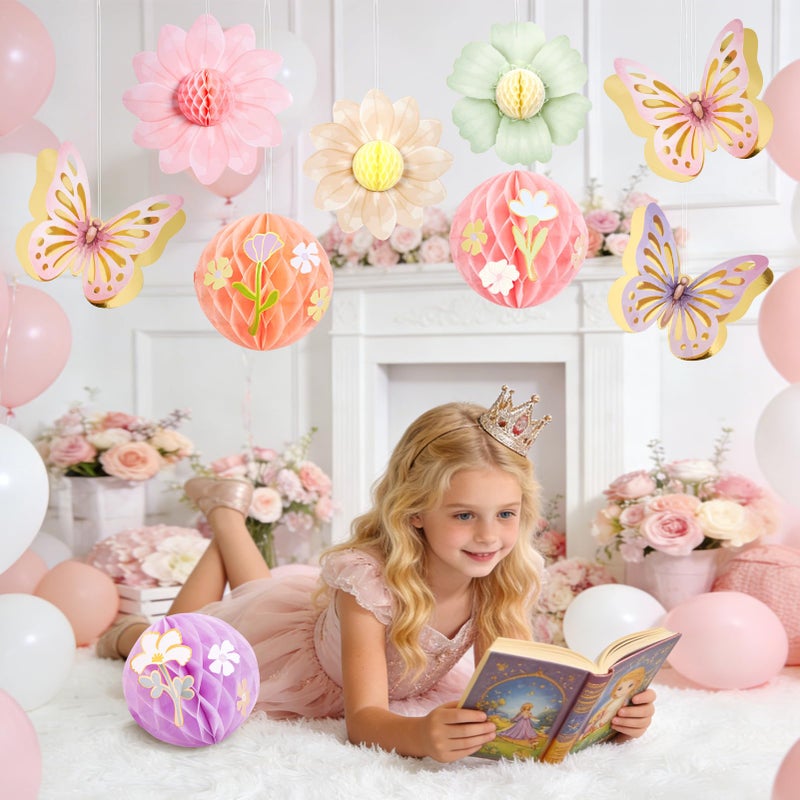 SUNBEAUTY 9Pcs Pastel Flower Butterfly Decorations Paper Flowers Honeycomb Wildflower Hanging Birthday Decoration for Women Spring Garden Tea Party Floral Baby Shower Fairy Party - Image 5
