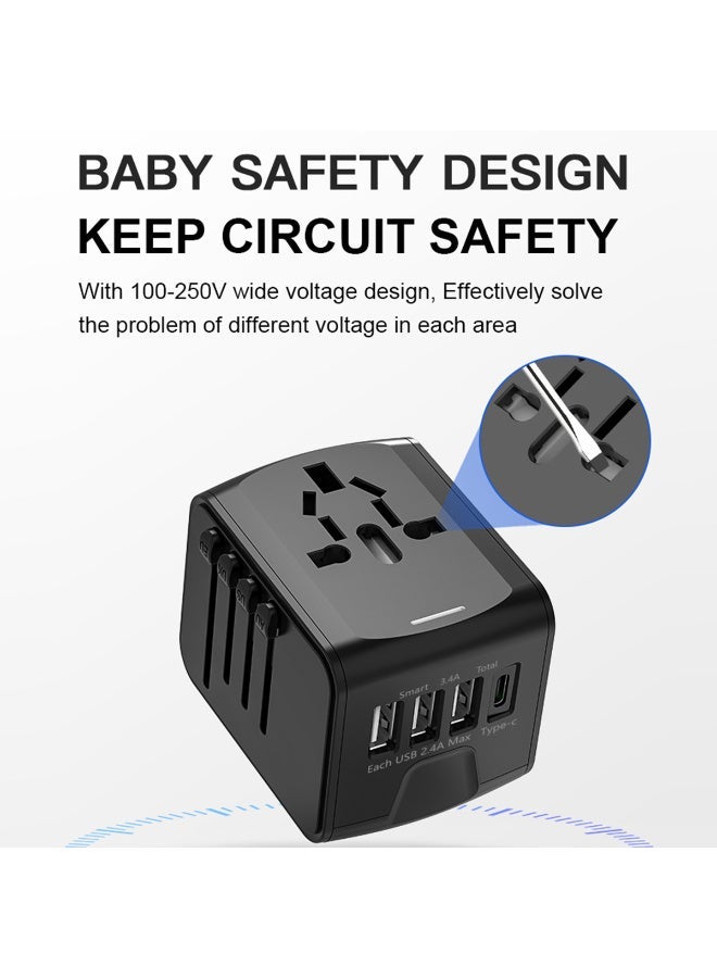 ECVV Universal Travel Power Adapter, International Power Adapter All in One Worldwide Travel Plug Adapter AC Outlet Plug Converters with 3 USB + 1 Type C Charging Ports - Image 4