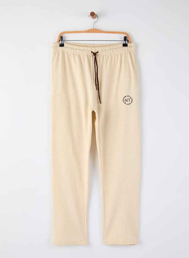 trendyol Beige Regular/Normal Fit New York Embroidered Straight Leg Sweatpants - Image 1