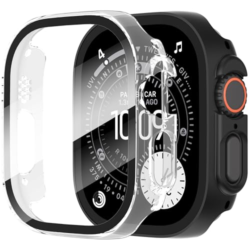 Diruite Suoman 2-Pack for Apple Watch Ultra 3/2/1 49mm Case, Ultra-Thin Tempered Glass Screen Protector, All-Around PC Protection Cover for iWatch Ultra 49mm 3/2/1 -Black+Clear - Image 1