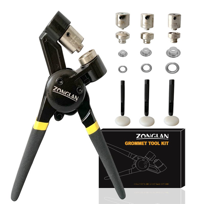 ZONGLAN Grommet Tool Kit, Eyelet Tool Multi-Purpose Handheld Manual Hole Punch Rivet Press Plier Crimper 3 Interchangeable Dies with 900 Set 7/32" 5/16" 3/8" Metal Grommets Washers - Image 1