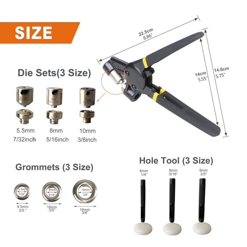 ZONGLAN Grommet Tool Kit, Eyelet Tool Multi-Purpose Handheld Manual Hole Punch Rivet Press Plier Crimper 3 Interchangeable Dies with 900 Set 7/32" 5/16" 3/8" Metal Grommets Washers - Image 2