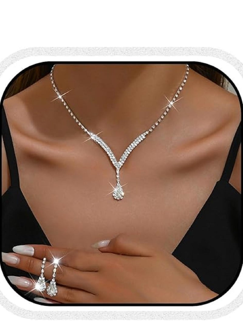 Generic Shiny Rhinestone Necklace and Earrings Jewelry Set For Women Bridal Jewelry Evening Dress Accessories For Women Dinner Party Accessories Women's Collarbone Chain Gift For Mother Wife Girlfriend Bridesmaids  - Image 1