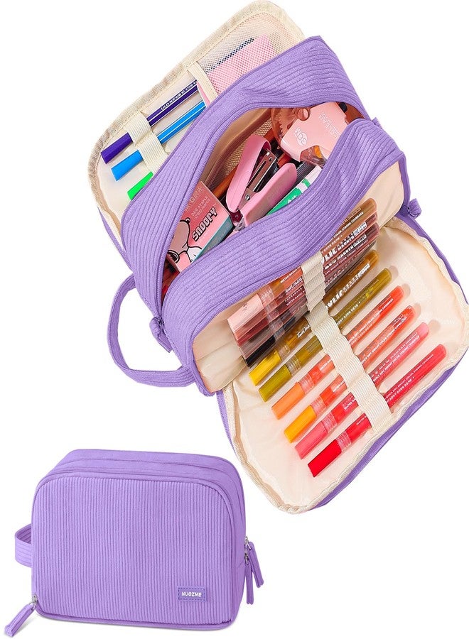 Nuozme 3 Compartment Pencil Case,Large Capacity School Supplies Pencil bag with Easy Handle, Soft Corduroy Pencil Pouch, Aesthetic Supply Pen Case Bag Organizer For Teen Girls College (Purple) - Image 1