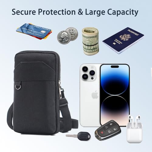 WCALULEG Travel Cell Phone Pouch Belt Pouch, Phone Holster Crossbody Bag with Shoulder Strap for iPhone Case Holder for Hand with Neck Lanyard Smartphone Walking Passport Wallet (Single Layer Black) - Image 3