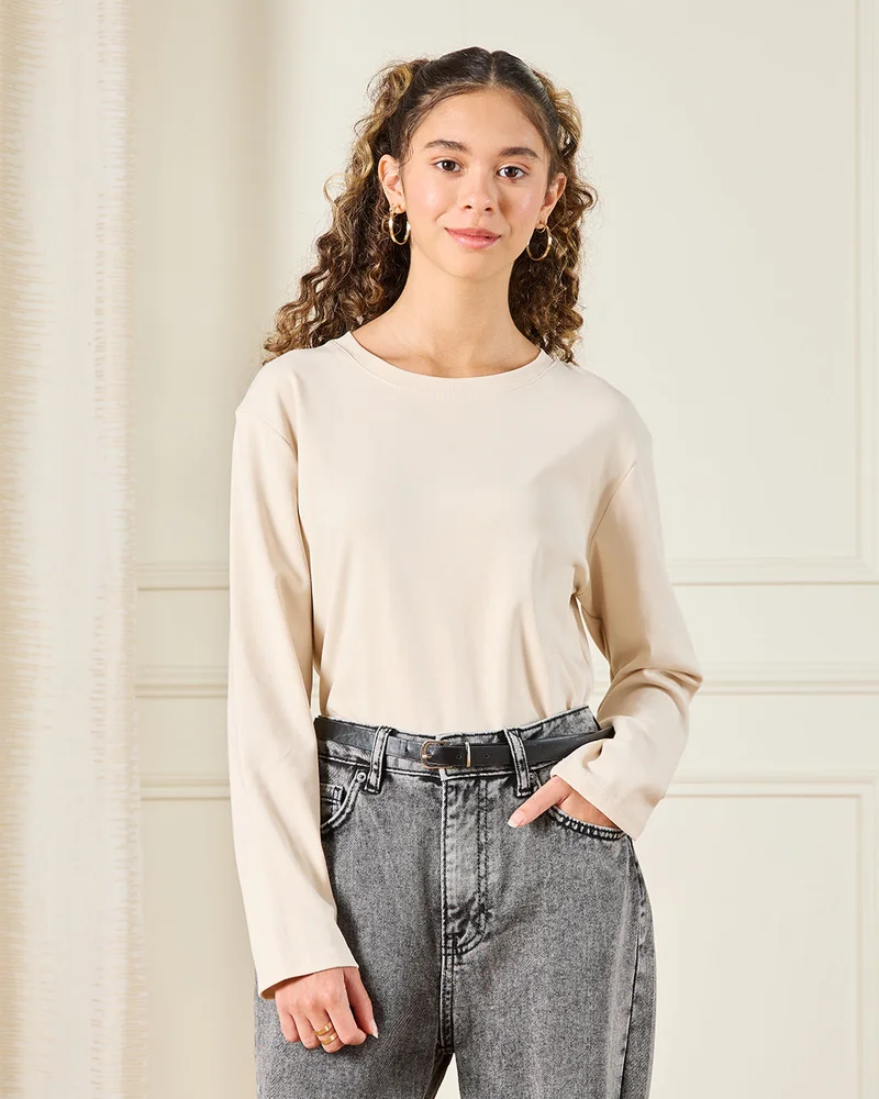 REDTAG Senior Girls Plain Ivory Long Sleeve T-Shirt
