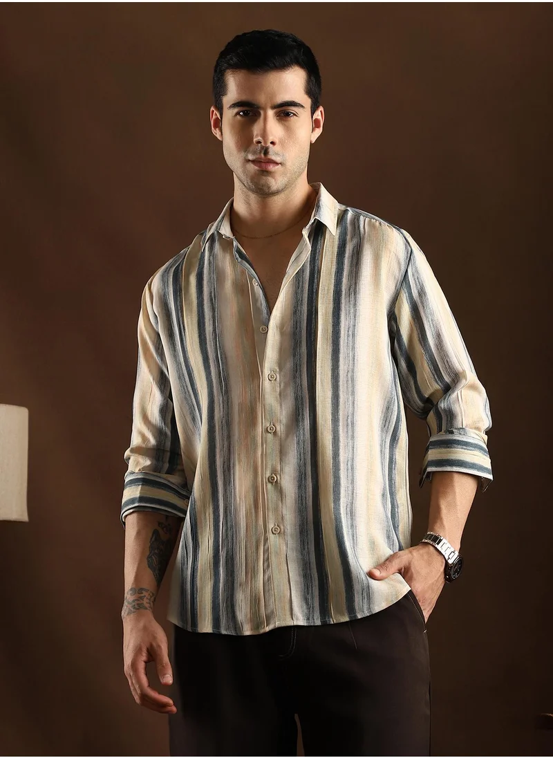 كامبوس سوترا Campus Sutra Men's Butter Yellow & Prussian Blue Striped-Strokes Shirt For Casual Wear | Spread Collar | Long Cuffed Sleeves | Button Closure | Shirt Crafted With Comfort Fit For Everyday Wear