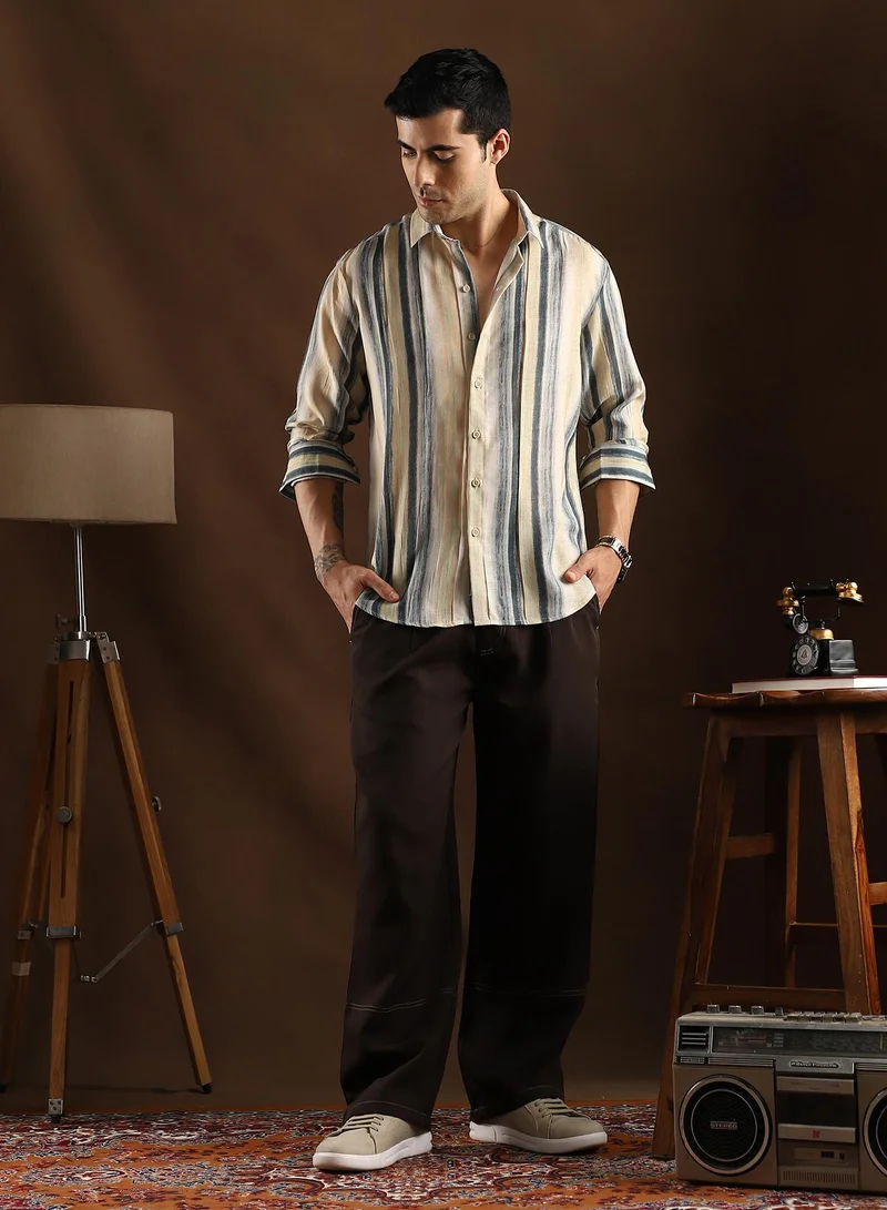 Campus Sutra Campus Sutra Men's Butter Yellow & Prussian Blue Striped-Strokes Shirt For Casual Wear | Spread Collar | Long Cuffed Sleeves | Button Closure | Shirt Crafted With Comfort Fit For Everyday Wear