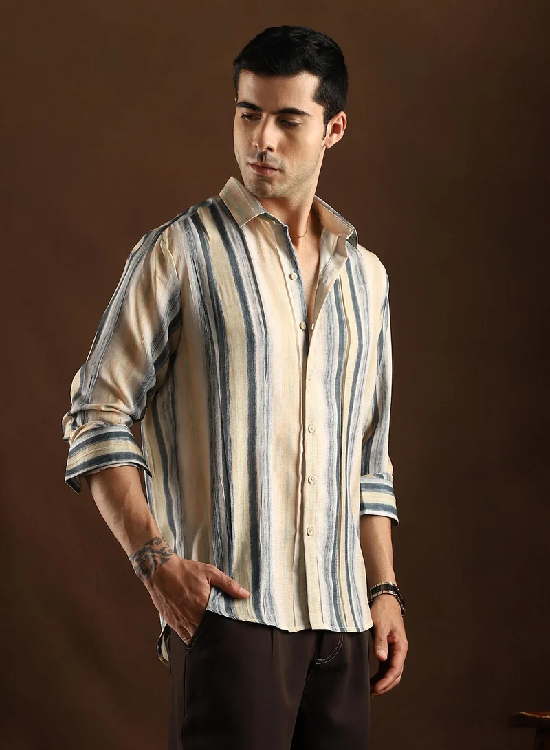 Campus Sutra Campus Sutra Men's Butter Yellow & Prussian Blue Striped-Strokes Shirt For Casual Wear | Spread Collar | Long Cuffed Sleeves | Button Closure | Shirt Crafted With Comfort Fit For Everyday Wear