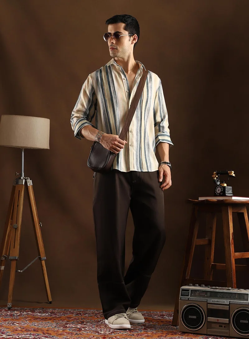 Campus Sutra Campus Sutra Men's Butter Yellow & Prussian Blue Striped-Strokes Shirt For Casual Wear | Spread Collar | Long Cuffed Sleeves | Button Closure | Shirt Crafted With Comfort Fit For Everyday Wear