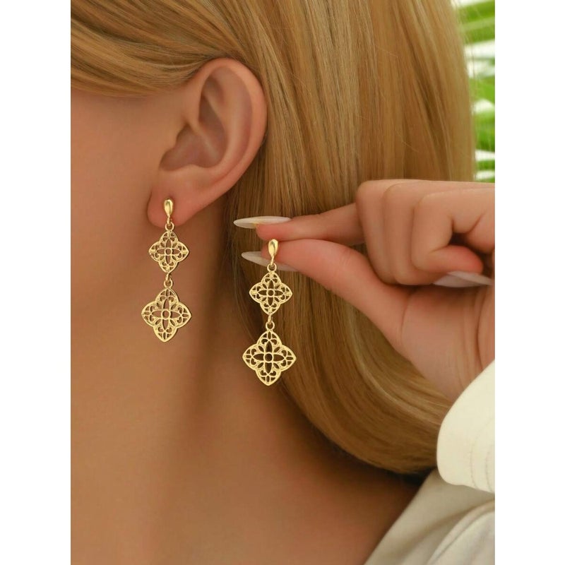 1pair Chinese Style Hollow Out Flower Carving Long and Personalized Earrings Suitable For Daily Wear By Women Valentines, Mom, Mother, Mother's Day,  Gift - Image 1