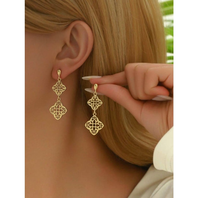 1pair Chinese Style Hollow Out Flower Carving Long and Personalized Earrings Suitable For Daily Wear By Women Valentines, Mom, Mother, Mother's Day,  Gift - Image 2