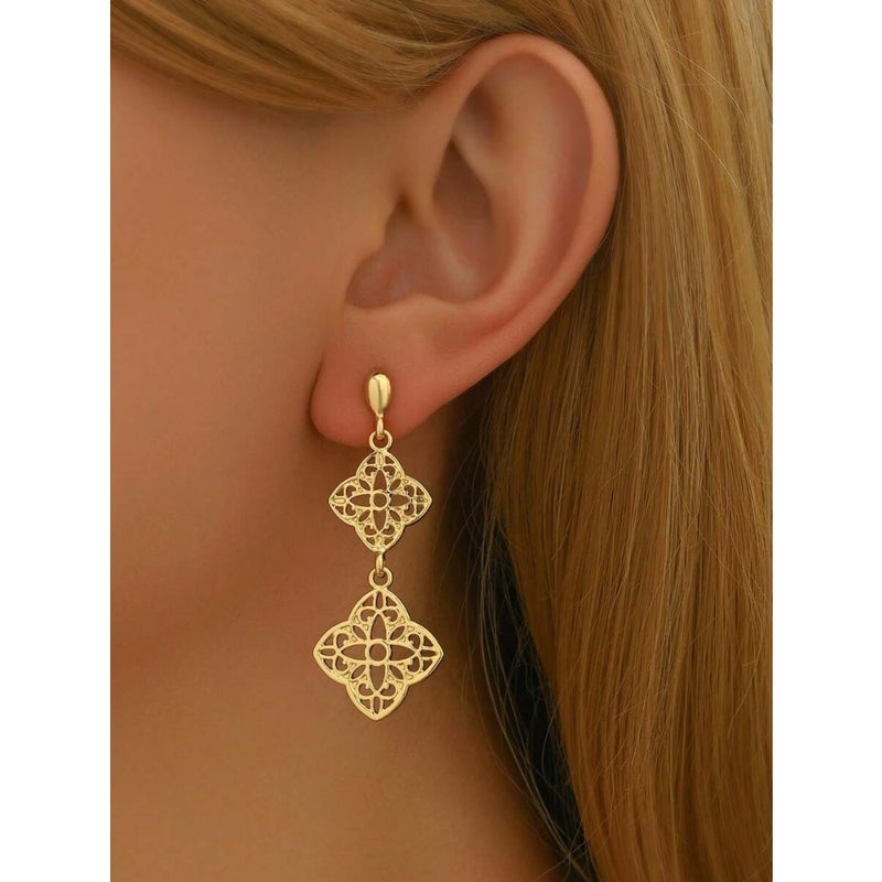 1pair Chinese Style Hollow Out Flower Carving Long and Personalized Earrings Suitable For Daily Wear By Women Valentines, Mom, Mother, Mother's Day,  Gift - Image 3