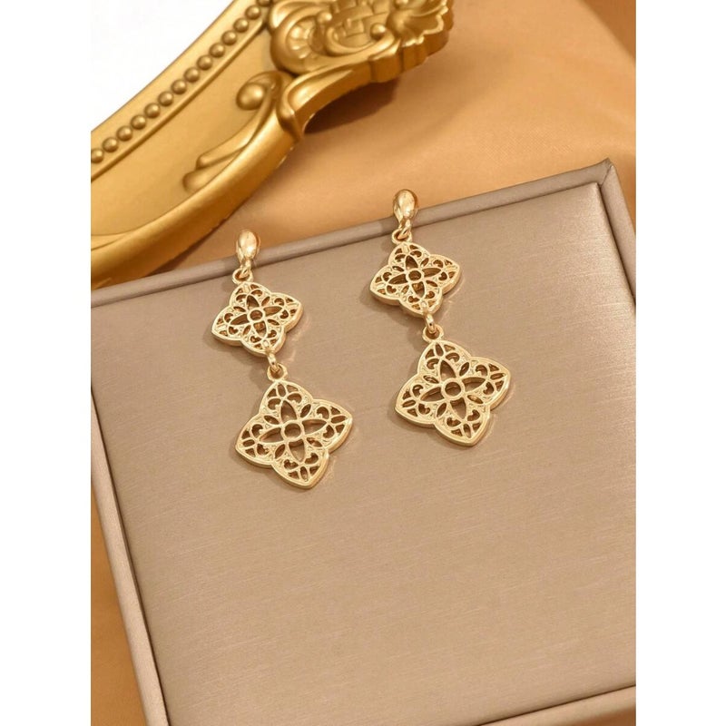 1pair Chinese Style Hollow Out Flower Carving Long and Personalized Earrings Suitable For Daily Wear By Women Valentines, Mom, Mother, Mother's Day,  Gift - Image 5