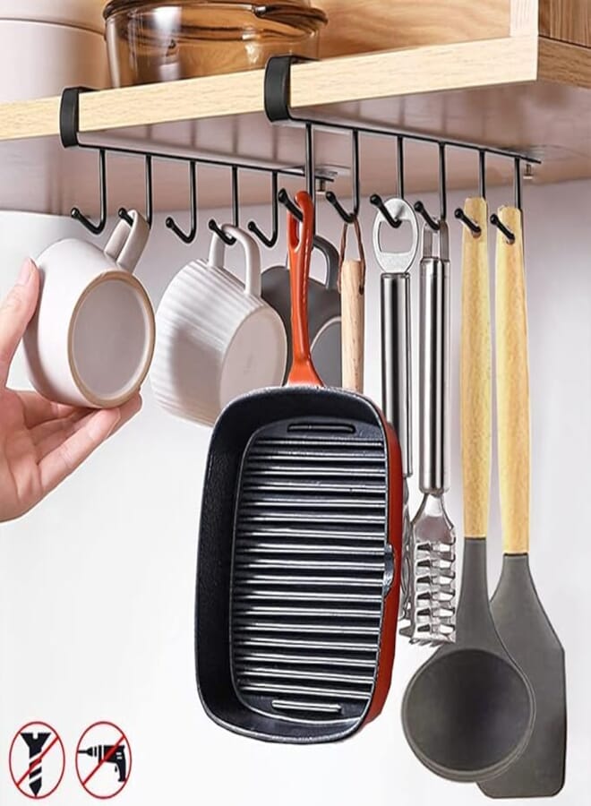 Prextex Pack of 2 Metal Multifunction Under Shelf Coffee Mug Cup Holder Rack Organizer Stand for Kitchen Counter, Cabinet, Table with 6 Hooks - Black