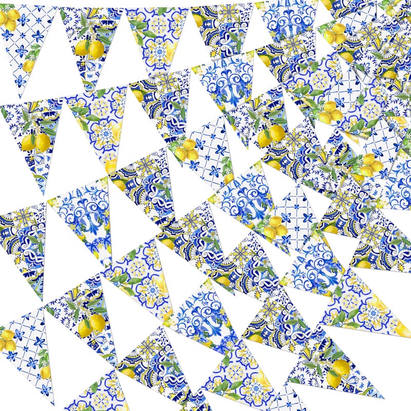 Renbuzhu 6PCS Lemon Party Decorations Mediterranean Pennant Garlands: Blue Tiles and Yellow Lemonade Stand Banners for Amalfi Coast, Bridal Shower, Birthday, Wedding, Italian Summer Themed Decor - Image 1