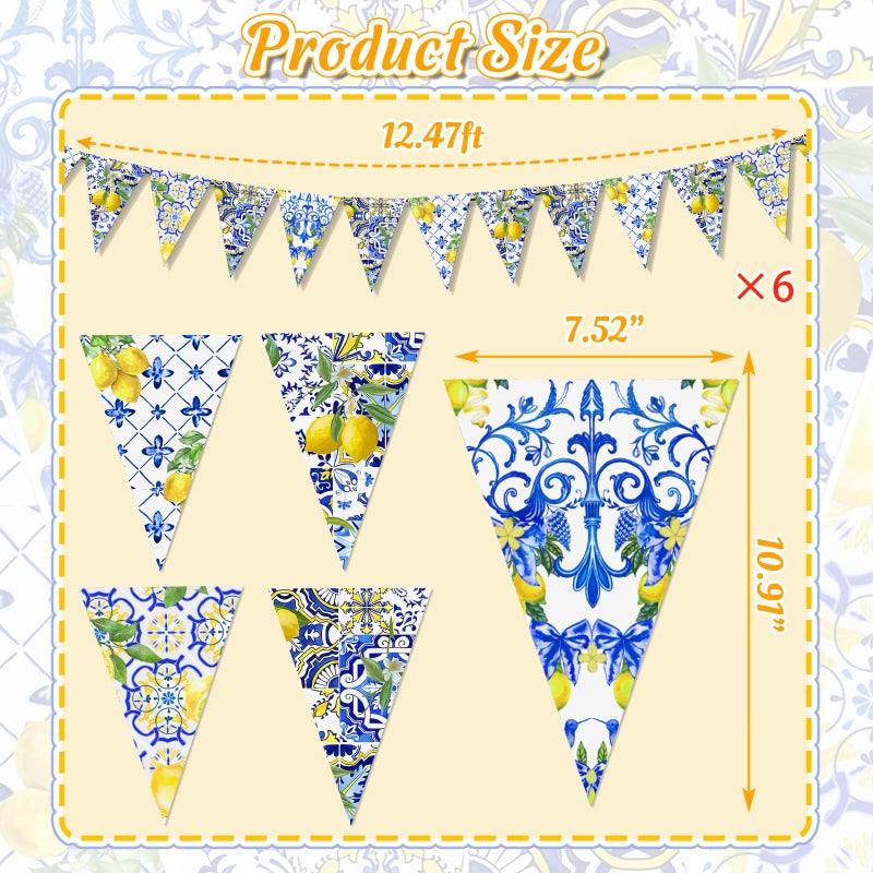 Renbuzhu 6PCS Lemon Party Decorations Mediterranean Pennant Garlands: Blue Tiles and Yellow Lemonade Stand Banners for Amalfi Coast, Bridal Shower, Birthday, Wedding, Italian Summer Themed Decor - Image 5