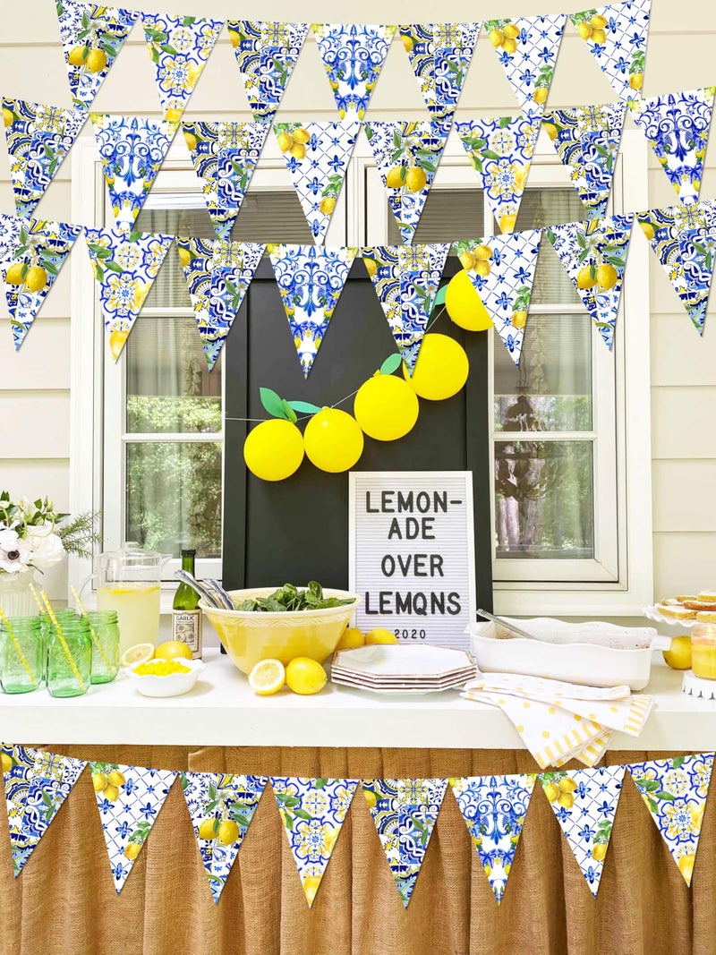 Renbuzhu 6PCS Lemon Party Decorations Mediterranean Pennant Garlands: Blue Tiles and Yellow Lemonade Stand Banners for Amalfi Coast, Bridal Shower, Birthday, Wedding, Italian Summer Themed Decor - Image 2