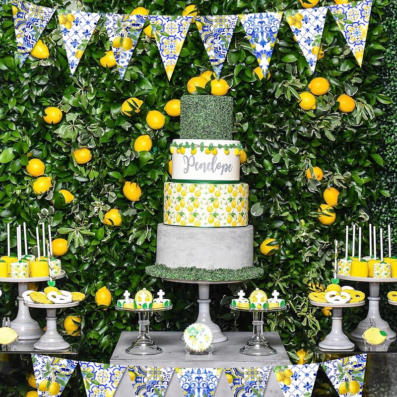 Renbuzhu 6PCS Lemon Party Decorations Mediterranean Pennant Garlands: Blue Tiles and Yellow Lemonade Stand Banners for Amalfi Coast, Bridal Shower, Birthday, Wedding, Italian Summer Themed Decor - Image 4