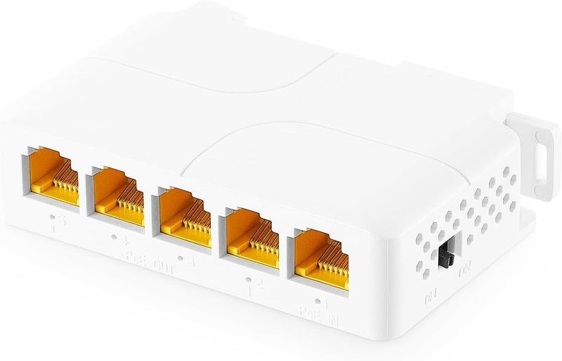 Binardat Gigabit PoE Passthrough Switch, 1 PoE in 4 PoE Out Extender, IEEE802.3af/at/bt PoE Powered 90W, 10/100/1000Mbps Ethernet, Din Rail & Wall Mount Plug and Play - Image 1