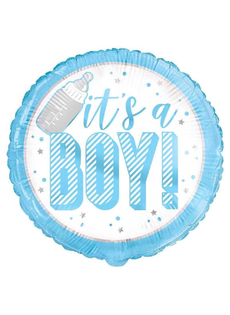 Unique It's a Boy Round Balloon Blue White Foil 45 cm