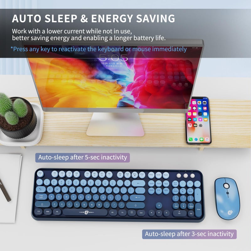 FOPETT Wireless Keyboard and Mouse Combo - 2.4G Full-Sized Cute Colorful Mouse and Keyboard with 104 Round Keys Retro Typewriter Keyboard for Laptop/Windows/PC - Blue Gradient - Image 5