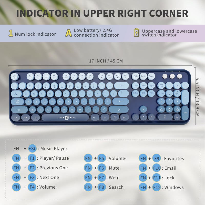 FOPETT Wireless Keyboard and Mouse Combo - 2.4G Full-Sized Cute Colorful Mouse and Keyboard with 104 Round Keys Retro Typewriter Keyboard for Laptop/Windows/PC - Blue Gradient - Image 3