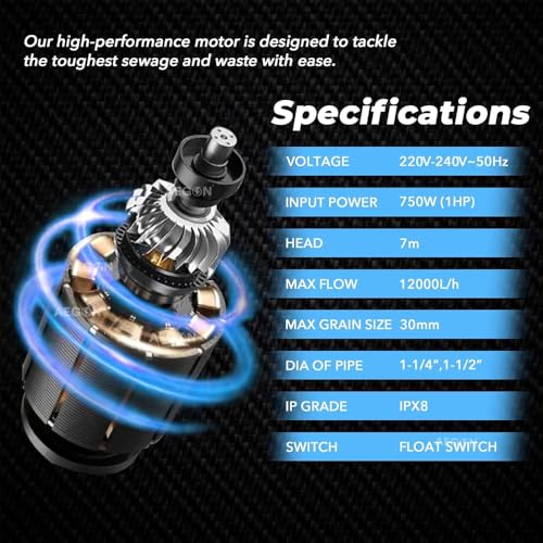 Aegon ASP750 1HP 750W Submersible Sewage Pump with Float Switch | IPX8 Waterproof | 12000 LPH High Flow | Drainage & Waste Water Pump - Image 2
