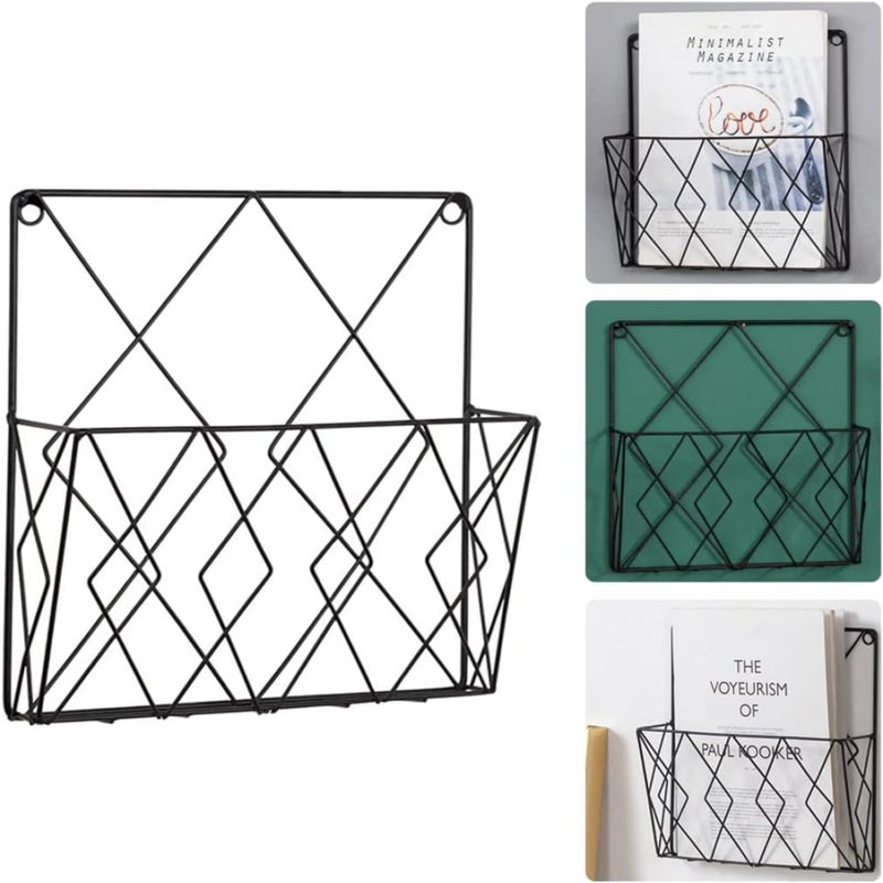 Black Iron Wall-Mounted Magazine Rack: Metal Wire Newspaper File Storage Organizer - Image 2