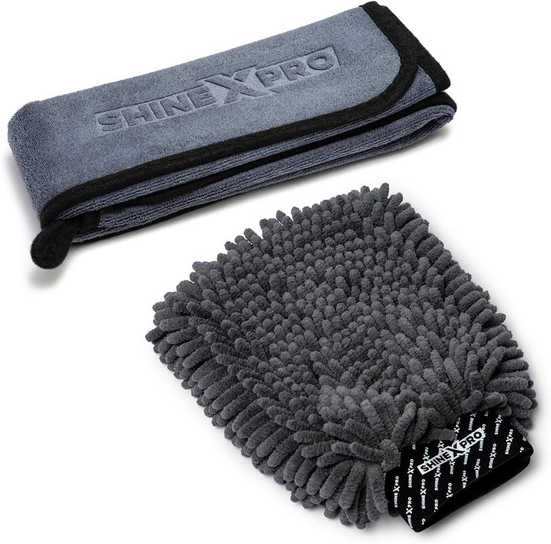 shinexpro Microfiber Car Cleaning Cloth and Wash Mitt Kit - Includes OG Soft 500 GSM Extra Large (35x75 CM) Microfiber Cloth for Car and Dual Sided Chenille Microfiber Wash Mitt - Image 1