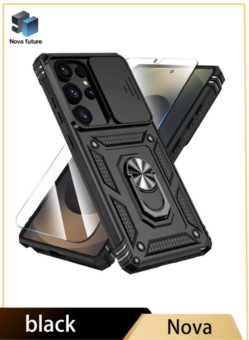 جراب Samsung Galaxy S25 Ultra مع واقي شاشة زجاجي مقوى عالي الدقة، غطاء كاميرا منزلق، حامل حلقي مدمج يدور 360 درجة، حماية ضد الصدمات والسقوط، جراب واقٍ مقاوم للصدمات شديد التحمل لهاتف Samsung Galaxy S25 Ultra مقاس 6.9 بوصة (أسود، عبوة من 1+1) - Image 1