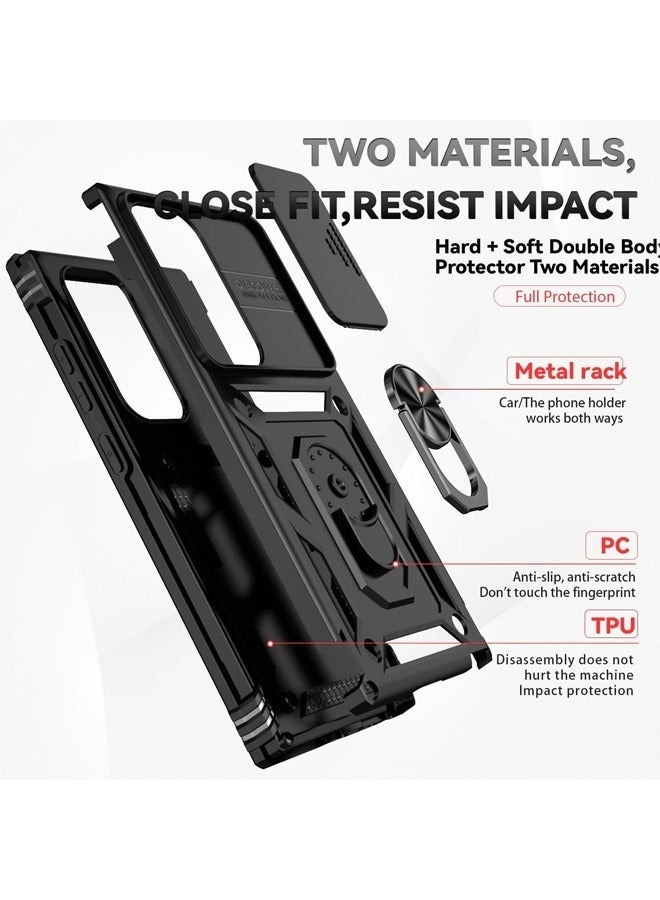 جراب Samsung Galaxy S25 Ultra مع واقي شاشة زجاجي مقوى عالي الدقة، غطاء كاميرا منزلق، حامل حلقي مدمج يدور 360 درجة، حماية ضد الصدمات والسقوط، جراب واقٍ مقاوم للصدمات شديد التحمل لهاتف Samsung Galaxy S25 Ultra مقاس 6.9 بوصة (أسود، عبوة من 1+1) - Image 2