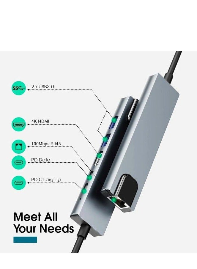 زيرو محول متعدد المنافذ 6 في 1 USB Type-C – منفذ HDMI بدقة 4K، منفذ LAN إيثرنت، منفذي USB 3.0، ومنفذ شحن سريع Type-C PD مع نقل بيانات – متوافق مع اللابتوب، التابلت والهواتف الذكية - Image 1