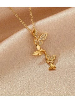 Home Clearance Sale Gold-Plated Stainless Steel Butterfly Pendant Necklace with Cubic Zirconia - Fashionable Retro Hip Hop Style for Daily Wear & Parties  - Image 3
