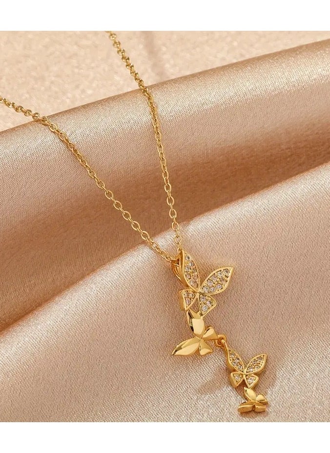 Home Clearance Sale Gold-Plated Stainless Steel Butterfly Pendant Necklace with Cubic Zirconia - Fashionable Retro Hip Hop Style for Daily Wear & Parties  - Image 1