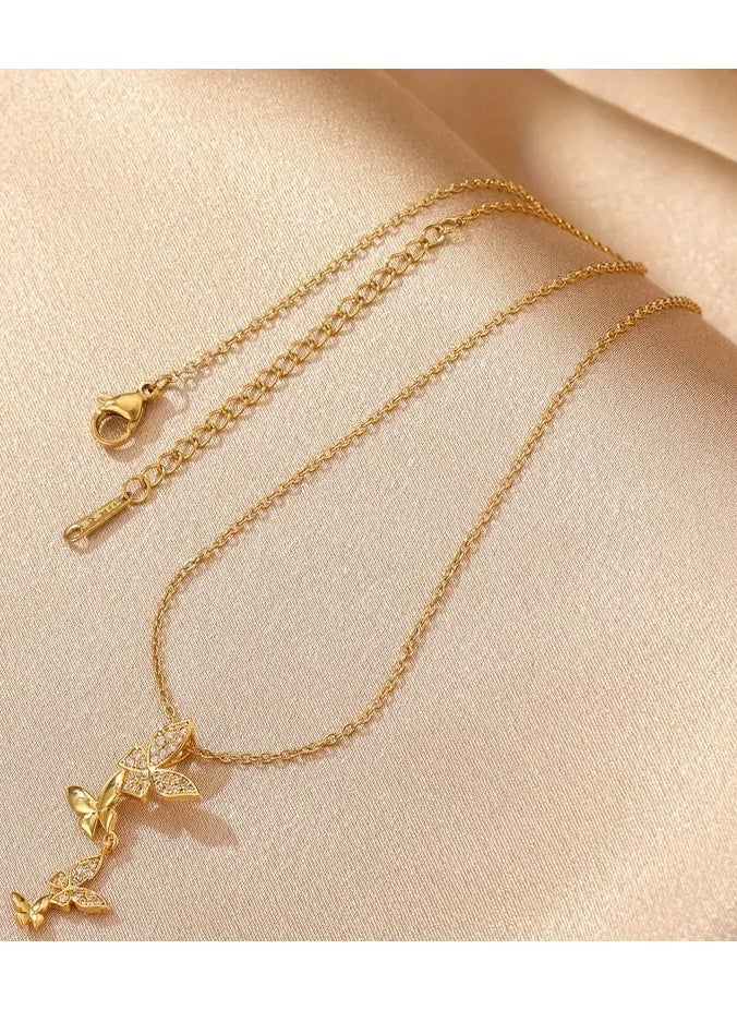 Home Clearance Sale Gold-Plated Stainless Steel Butterfly Pendant Necklace with Cubic Zirconia - Fashionable Retro Hip Hop Style for Daily Wear & Parties  - Image 2