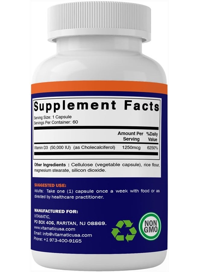 Vitamatic - Vitamin D3 50,000 IU (as Cholecalciferol), Once Weekly Dose, 1250 mcg, 60 Veggie Capsules 1 Year Supply, Progressive Formula Helping Vitamin D Deficiencies (60 Count (Pack of 1)) - Image 1