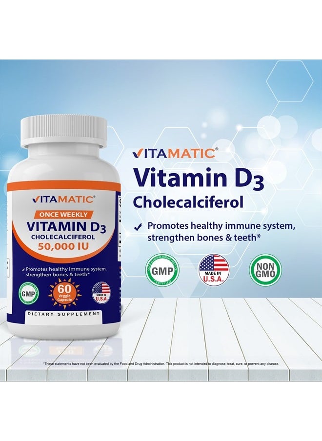 Vitamatic - Vitamin D3 50,000 IU (as Cholecalciferol), Once Weekly Dose, 1250 mcg, 60 Veggie Capsules 1 Year Supply, Progressive Formula Helping Vitamin D Deficiencies (60 Count (Pack of 1)) - Image 1