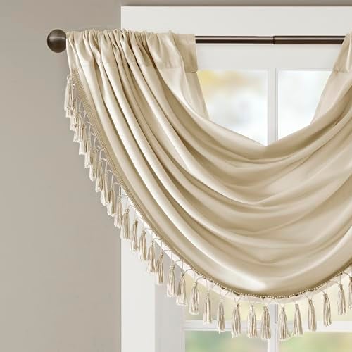 Madison Park Elena Waterfall Embellished Rod Pocket Valance , Faux Silk Valances for Window , 38X46" , Champagne - Image 3
