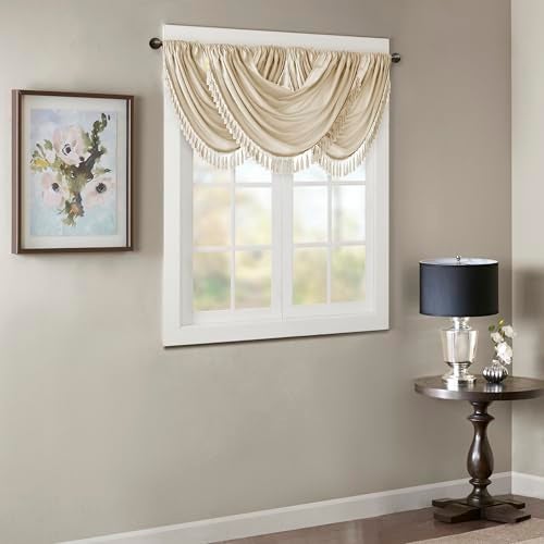 Madison Park Elena Waterfall Embellished Rod Pocket Valance , Faux Silk Valances for Window , 38X46" , Champagne - Image 2