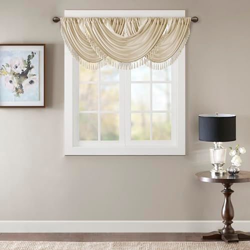 Madison Park Elena Waterfall Embellished Rod Pocket Valance , Faux Silk Valances for Window , 38X46" , Champagne - Image 1