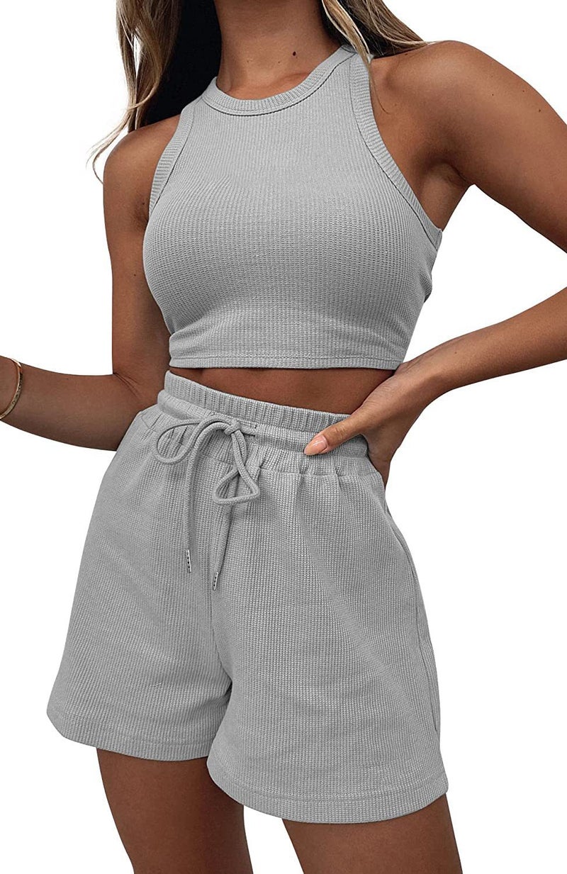 2024 Summer Waffle Knit Sleeveless Casual Womens Two-Piece Set Grey 