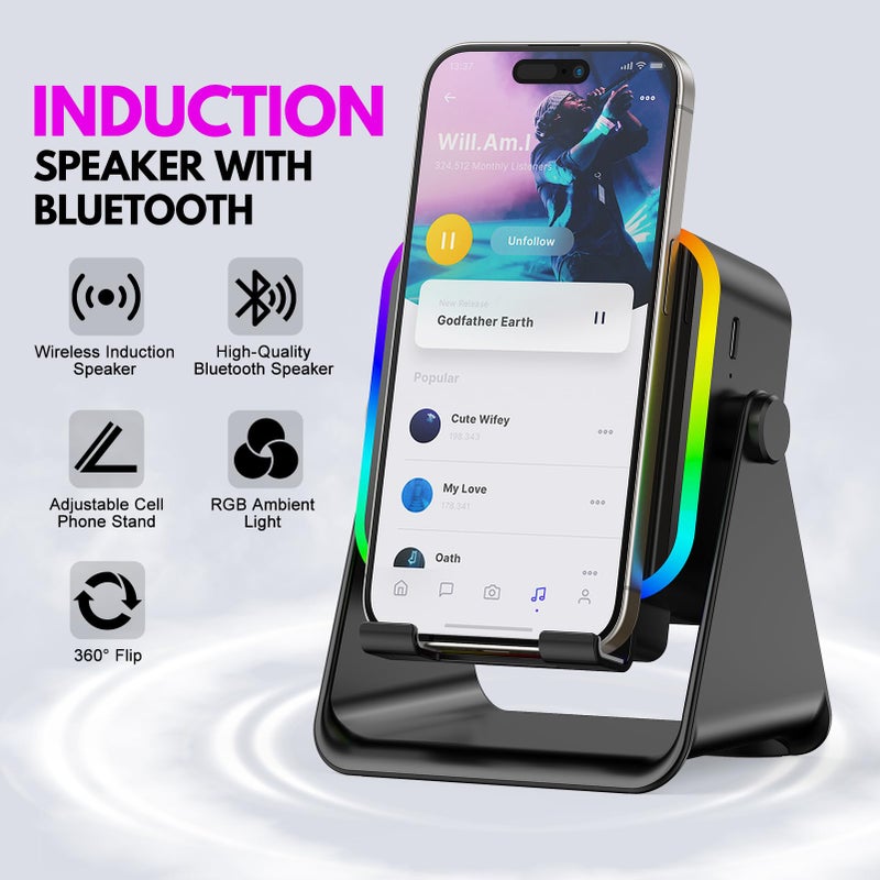TARKARI Wireless Induction Speaker, 5 in 1 Bluetooth Speaker with Phone Stand, Charging Function 360Â° Rotation Phone Holder Compatible with iPhone Android iPad Samsung, Birthday Gifts for Men Women - Image 2