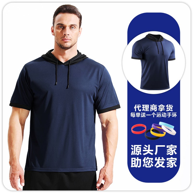 Generic Summer Basketball Hooded Sportswear Running Mountain Climbing Color Matching Fitness T-shirt Quick-drying Comfortable Short-sleeved Training Top Navy blue