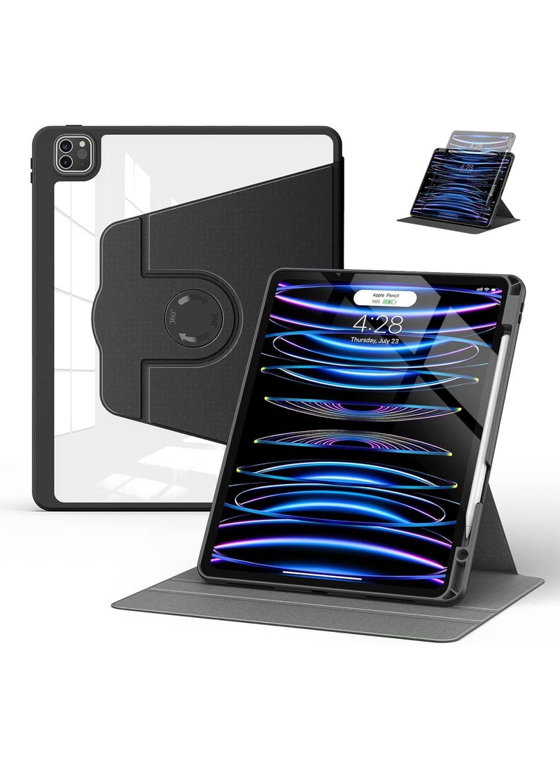 Rock Pow - Hybrid Rotating Case for iPad Pro 12.9 Inch (6th/5th/4th/3rd Generation 2022/2021/2020/2018) - 360 Degree Rotating Stand + Pencil Holder + Auto Sleep/Wake Shockproof Clear Back Cover - Image 1