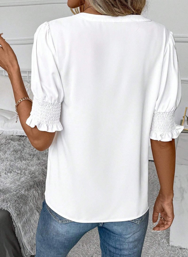 Shougu New V-neck Style Bubble Sleeve Solid Color Shirt Women's Top  - Image 2